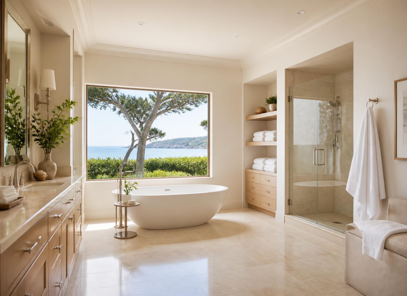 Immaculate luxury bathroom overlooking the Monterey coast