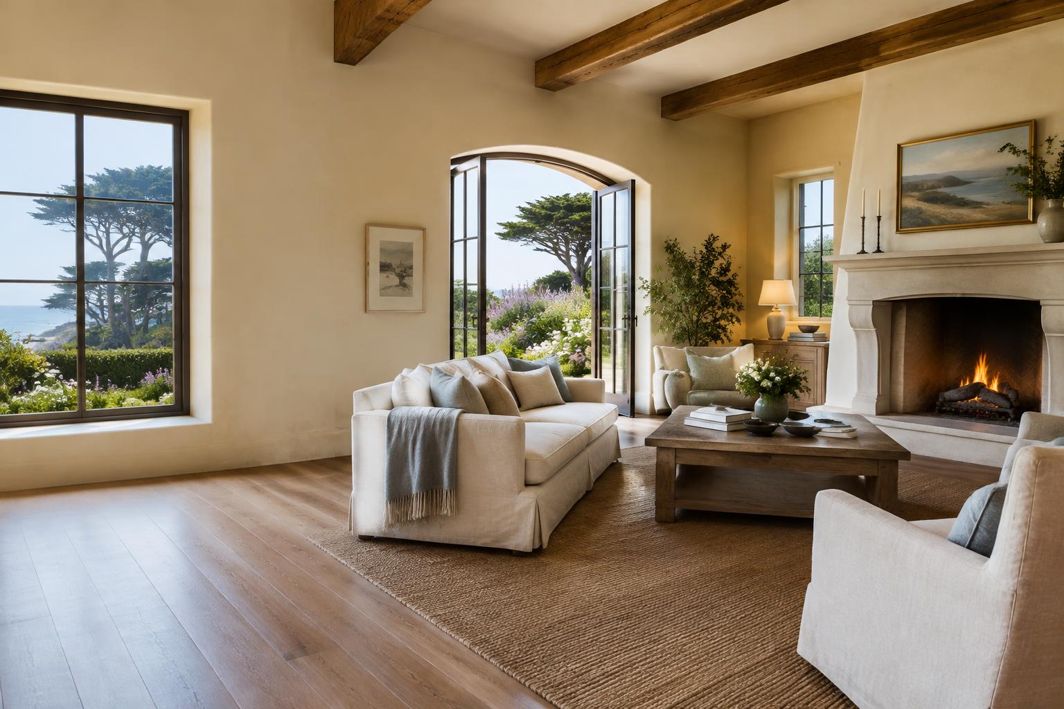 Illustrative Carmel cottage living room with warm plaster and coastal garden views