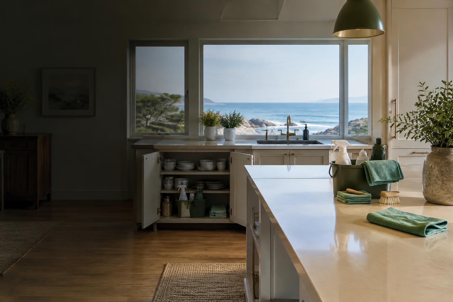 Illustrative coastal kitchen prepared for a detailed professional clean