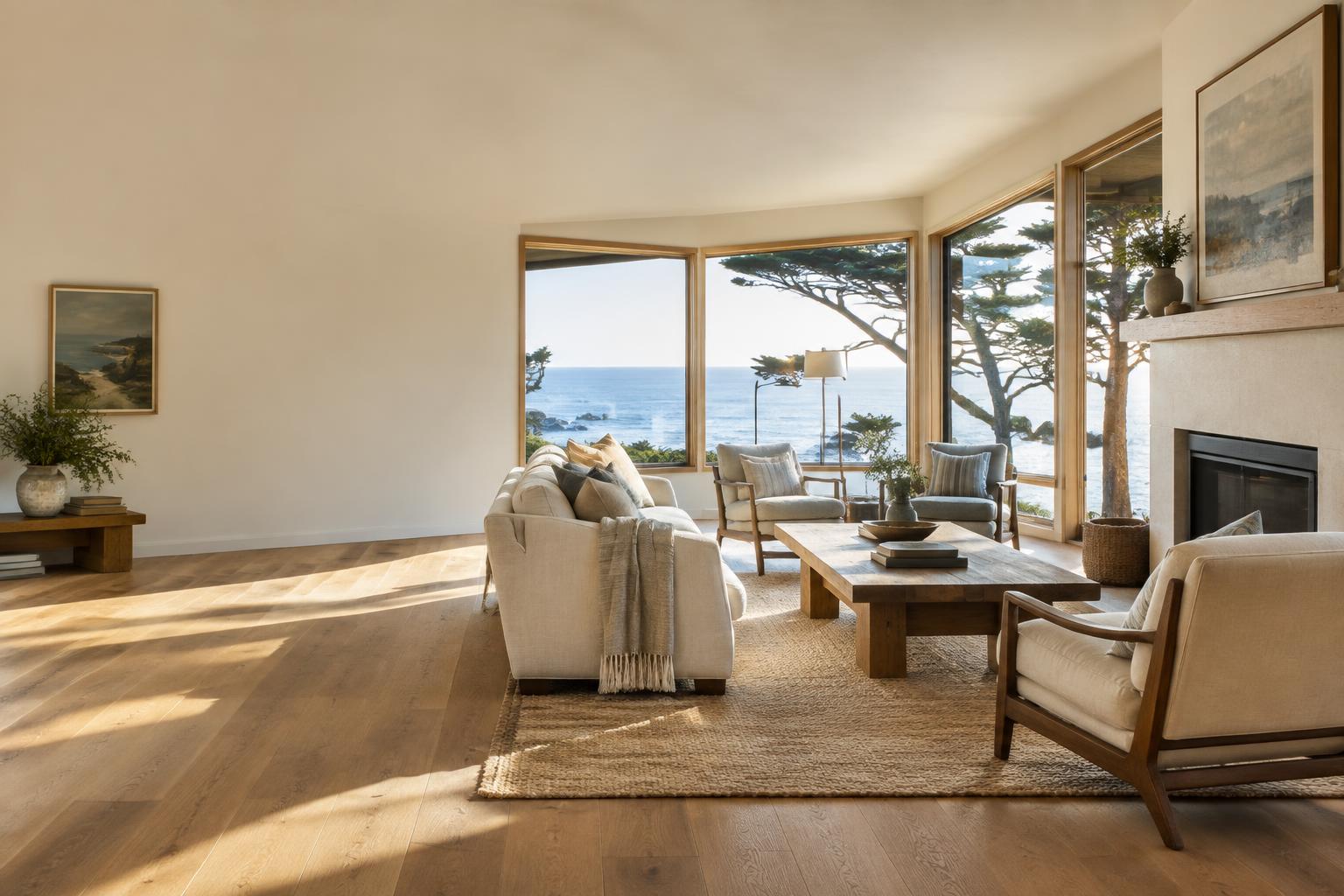 Illustrative Monterey coastal living room styled in warm natural materials