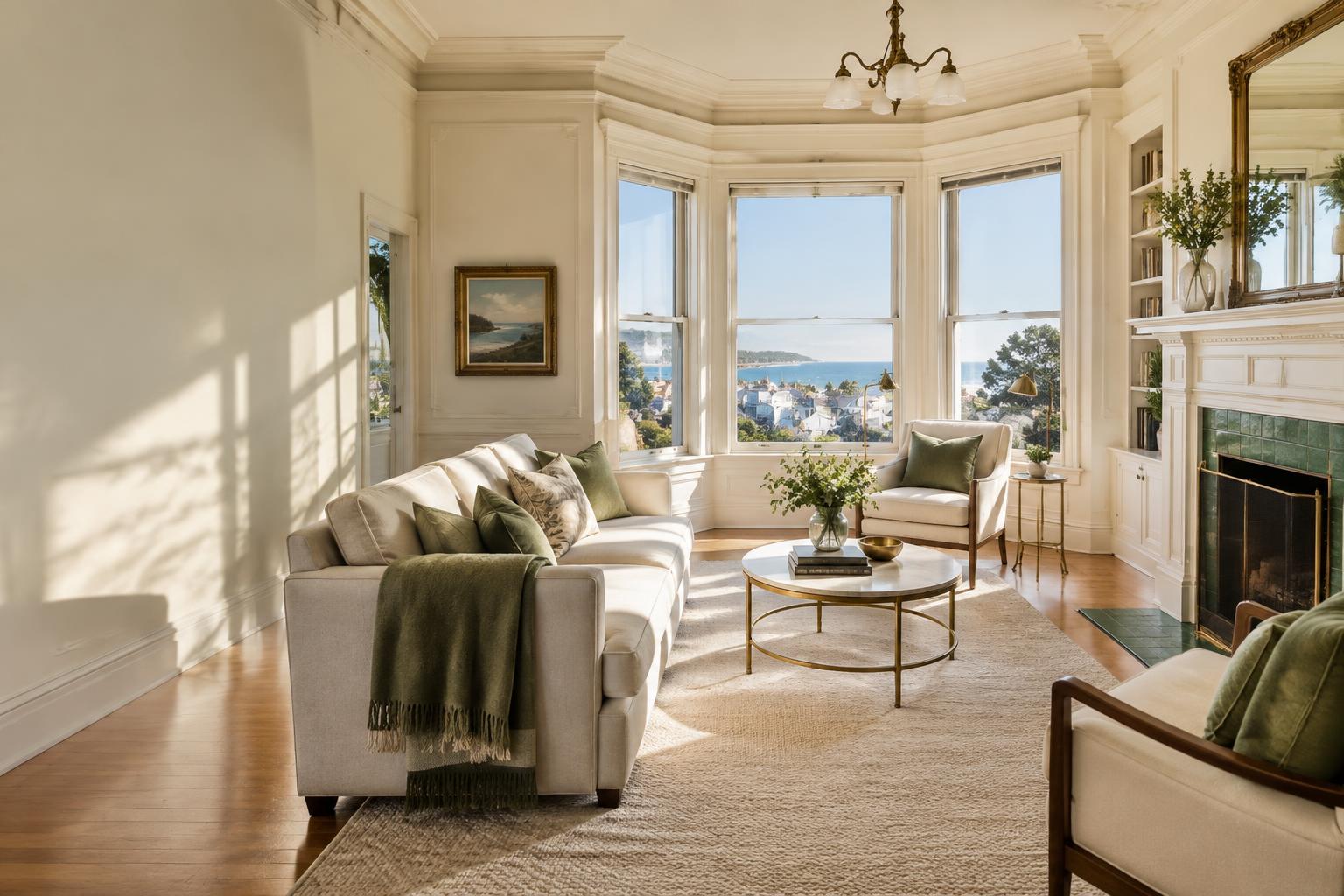 Illustrative Pacific Grove Victorian-style living room in soft coastal morning light