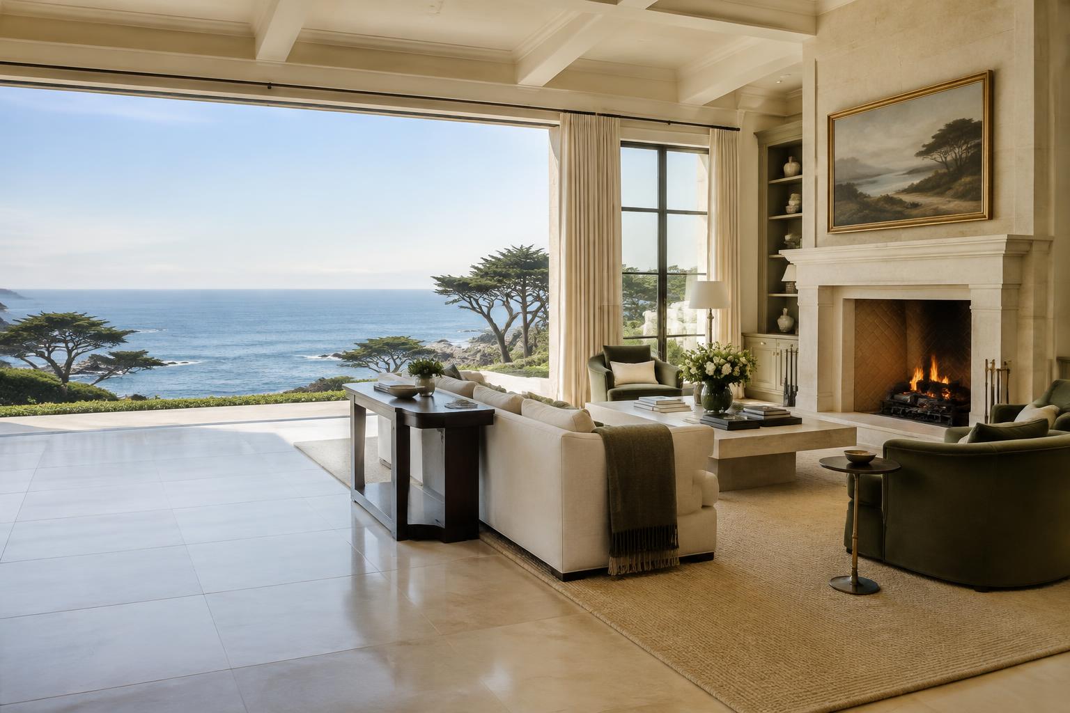Illustrative refined Pebble Beach living room overlooking the coast and cypress trees